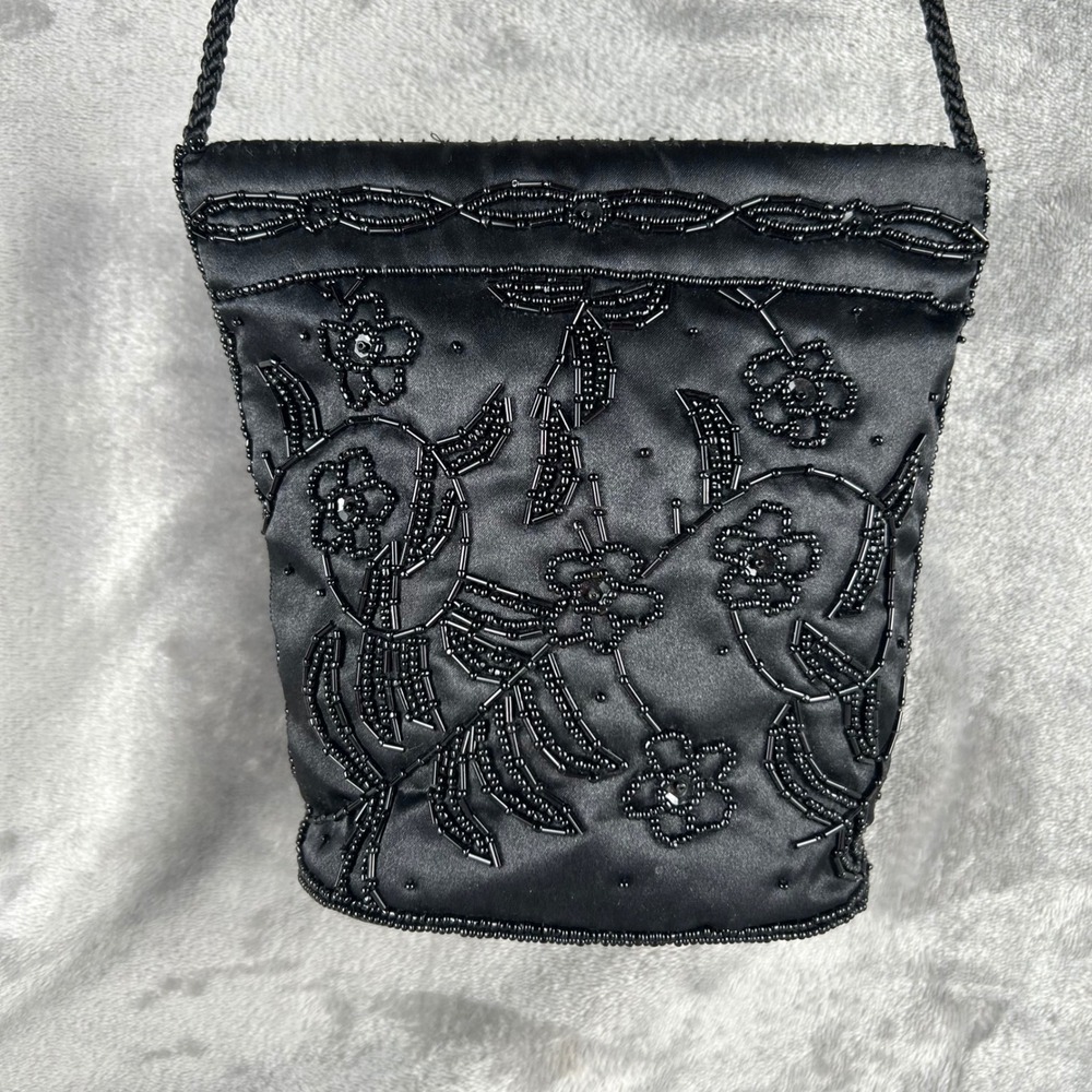 Vintage Black Satin Beaded Floral Crossbody Evening Bag Formal Clutch